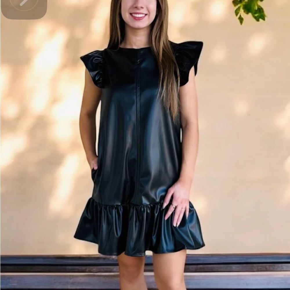 She+Sky Black vegan leather drop waist dress w round neck &ruffled cap sleeves